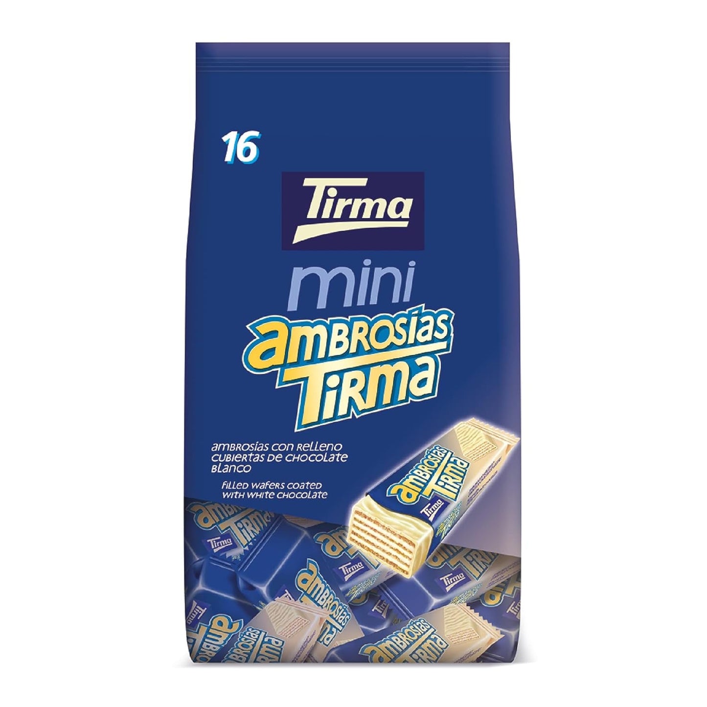 Tirma Mini Wafle z białą czekoladą | (16 jednostek x 13,5 g), 216 g | Delikatne kremowe nadzienie | Bez GMO | Odpowiedni dla wegetarian | Pakowane pojedynczo | Pakowane przekąski