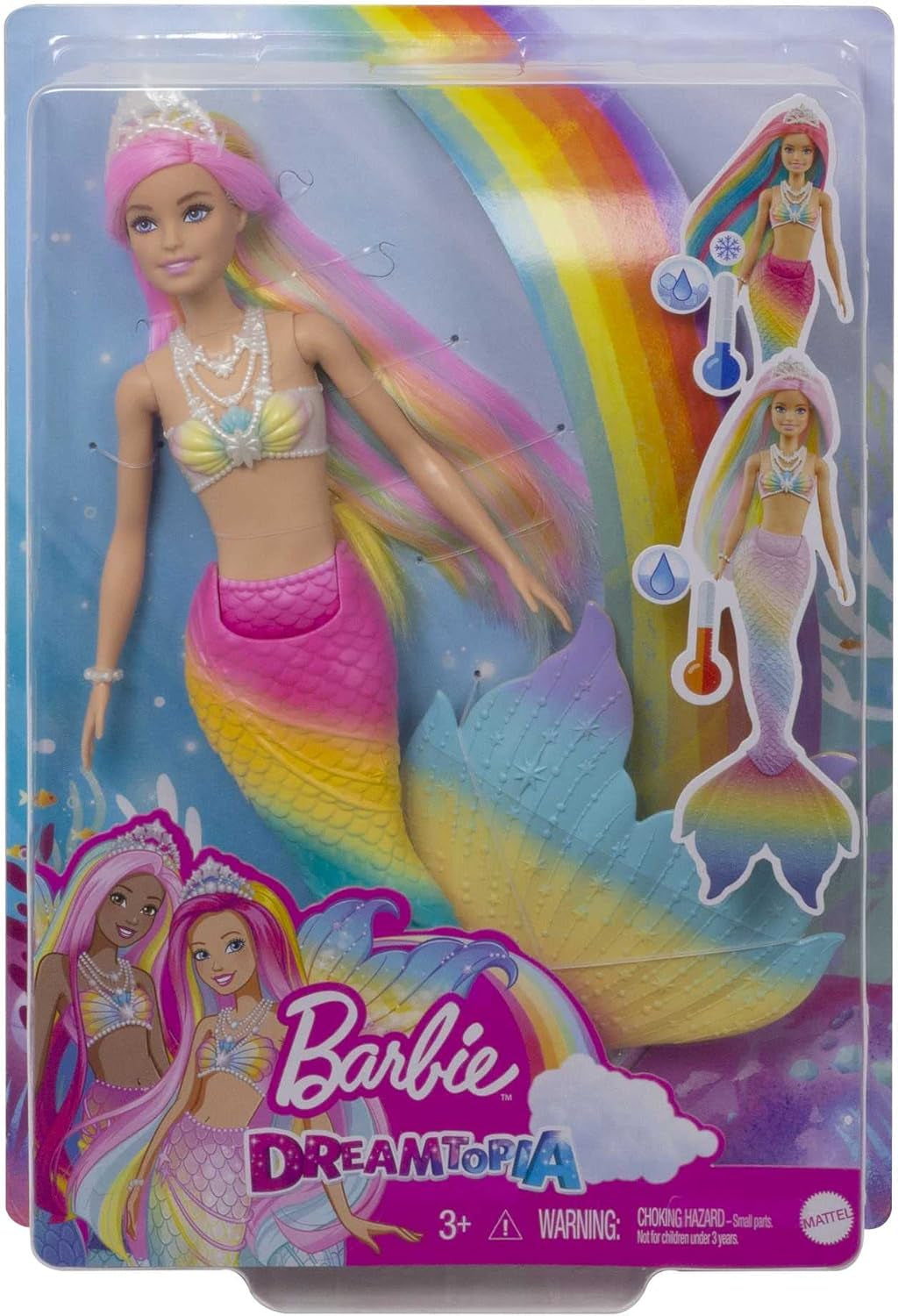 Barbie Dreamtopia Tęczowa magiczna syrenka, Syrenka Barbie z tęczowymi włosami, lalka zmieniająca kolor, aktywowana wodą, zabawka dla dzieci w wieku od 3 lat, prezent dla dziewczynek, GTF89