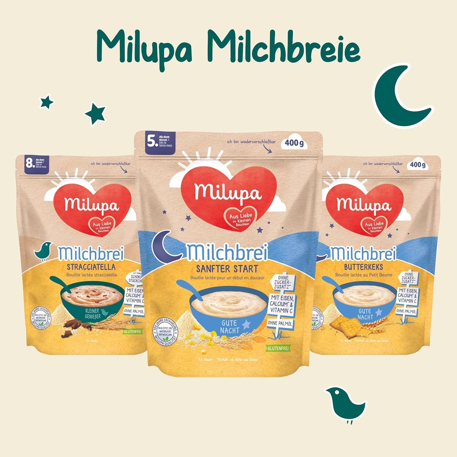 Kaszka mleczna Milupa Gentle Start - Płatki dla niemowląt bez glutenu, bez oleju palmowego - Bez konserwantów i barwników - Od 5 miesiąca - 4 x 400 g