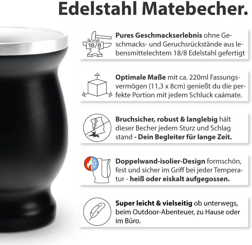 Zestaw do herbaty Mate Bio ● 3 zestawy Mate + 2 filiżanki Mate ze stali nierdzewnej o podwójnych ściankach + 2 Bombille + Instrukcja parzenia (czarna)