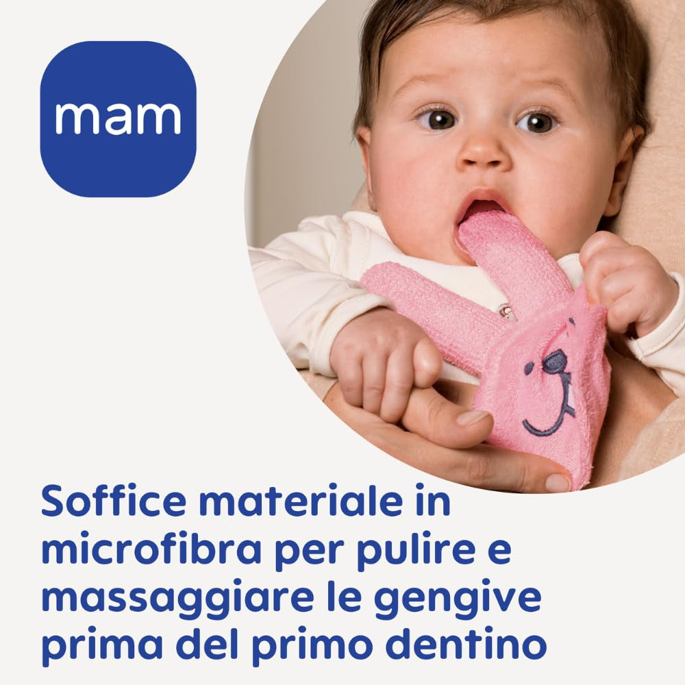 MAM Królik Pierścień ząbkowany, rękawiczka z mikrofibry do pielęgnacji jamy ustnej, 0+ miesięcy, różowa