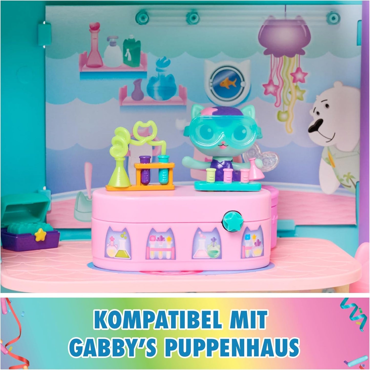 DREAMWORKS GABBY DOLLS HOUSE - zestaw mebli Meerkätzchen Bobble Kitty, figurka kota z meblami do domku dla lalek i akcesoriami, wiek: 3+