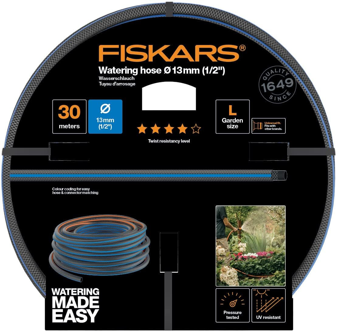 Wąż do wody Fiskars L, ochrona przed promieniowaniem UV, testowany ciśnieniowo, poziom sztywności skrętnej 4 (z 5), 30 m, Ø 1,3 cm (1/2"), 4,2 kg, czarny/pomarańczowy/niebieski, 1027105