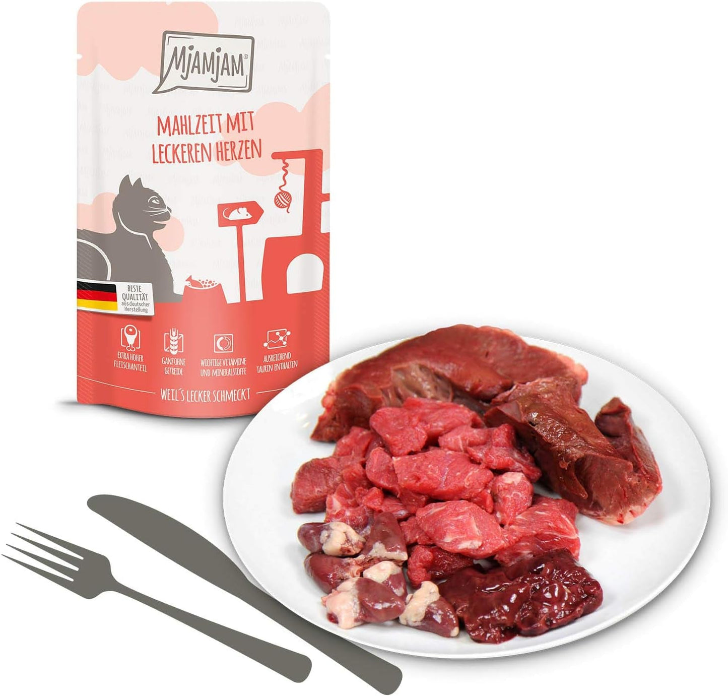 MjAMjAM - Mokra karma premium dla kotów - Pakiet mieszany I - Kurczak, Wołowina, Serca 12 Pak (12 x 125 g), Bez Zbóż z Dodatkowym Mięsem