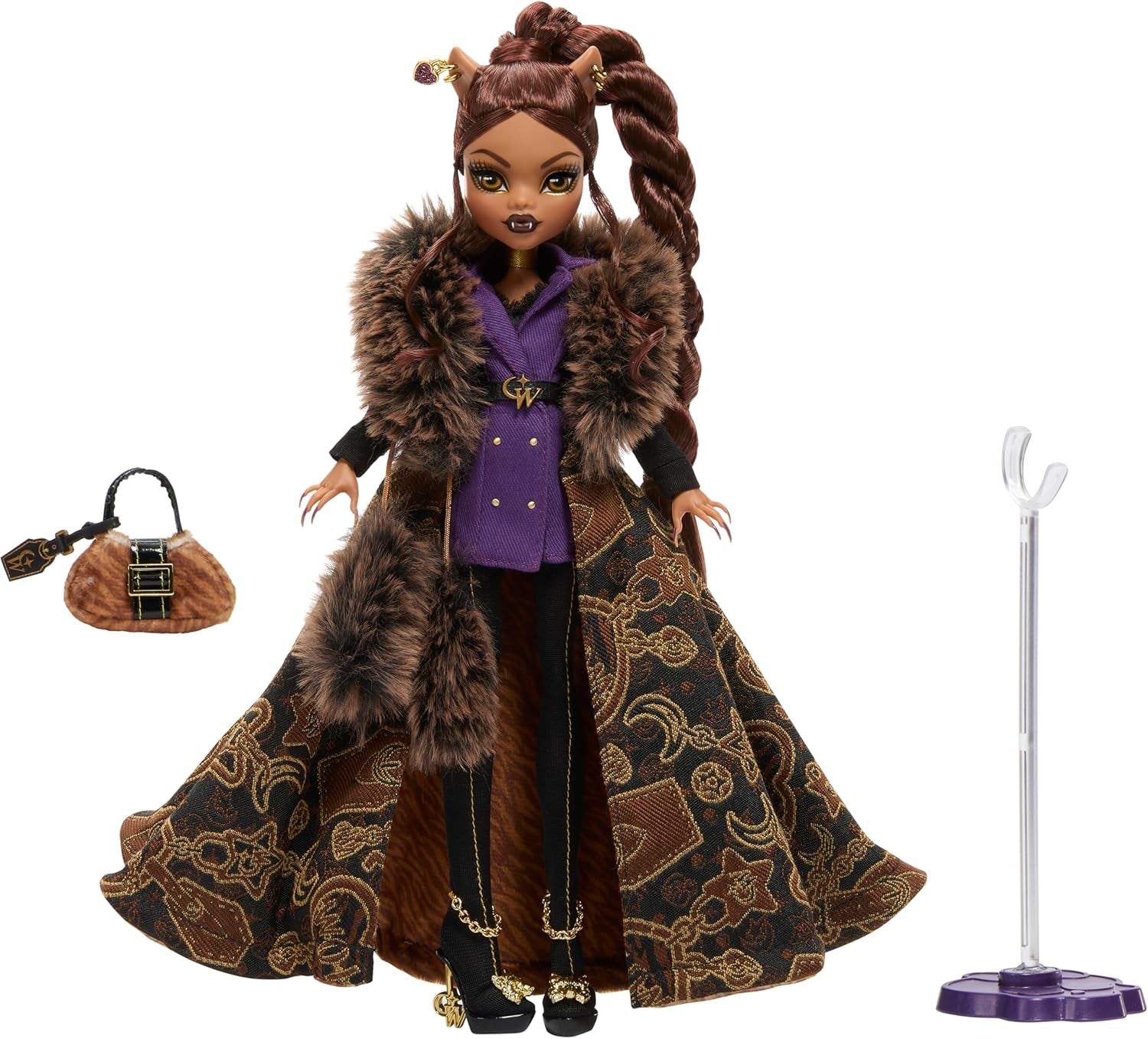Monster High Doll House of Wolves Clawdeen Wolf Figurka kolekcjonerska z żakardowym płaszczem ze sztucznego futra Fioletowa kurtka Sukienka Złote spodnie i akcesoria JDR66