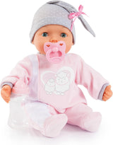 Bayer Design 93829AA Interaktywna lalka My Piccolina z funkcją, Mówiąca lalka, Porusza ustami, 38 cm, Smoczek, Butelka dla dziecka, Różowy, Szary