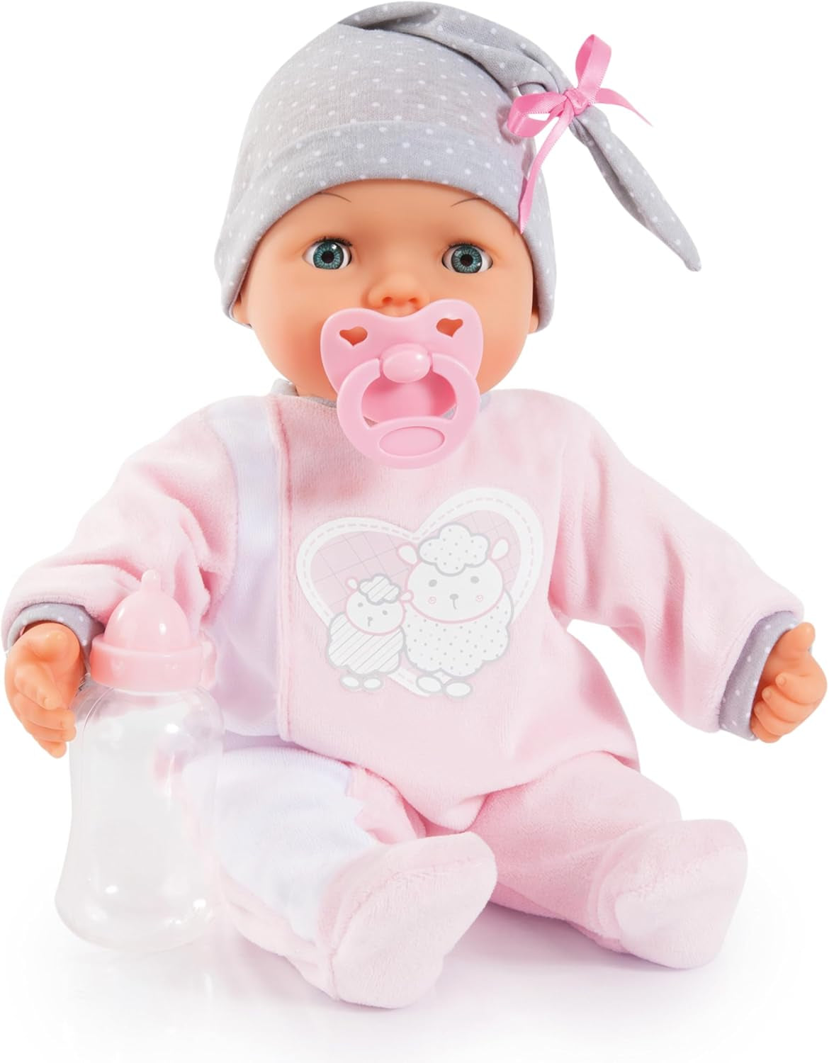 Bayer Design 93829AA Interaktywna lalka My Piccolina z funkcją, Mówiąca lalka, Porusza ustami, 38 cm, Smoczek, Butelka dla dziecka, Różowy, Szary