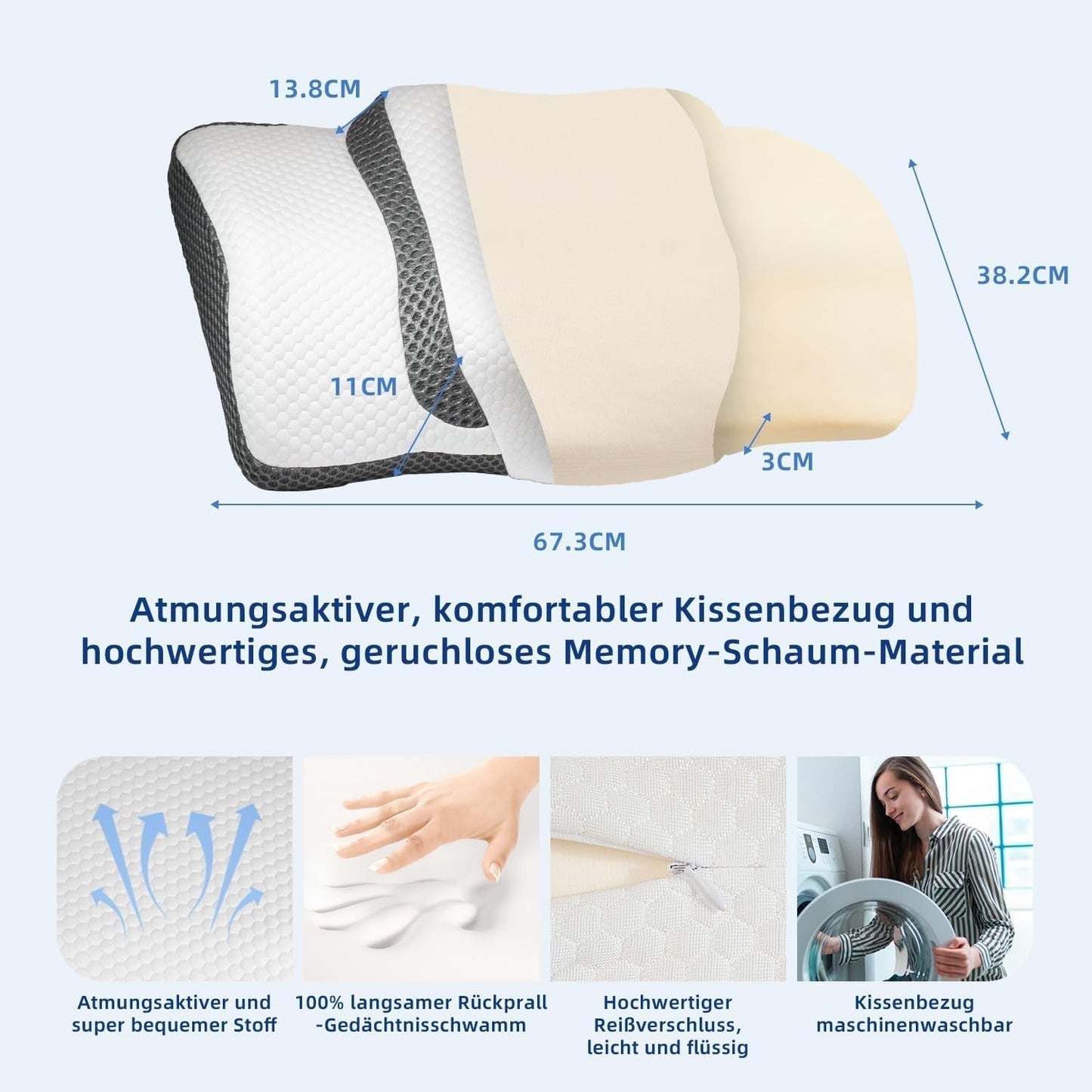 Poduszka ortopedyczna, ergonomiczna poduszka pod szyję, poduszka pod głowę, oryginalna poduszka z pianki memory na boki, podparcie pleców i brzucha, poduszka podtrzymująca szyję dla mężczyzn, kobiet (67,3 x 38,2 x 13,8/3 cm) Poduszki ortopedyczne na szyję Naty Shop