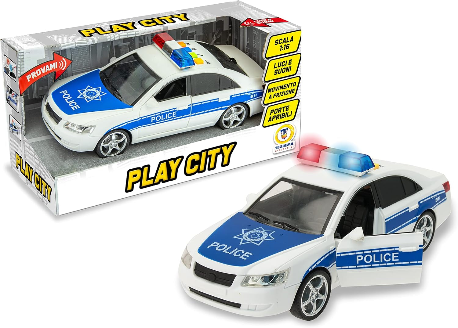 Samochód policyjny Macchina ze światłami i dźwiękiem, skala 1:16, wielokolorowy (65075) Bebe Toys Naty Shop