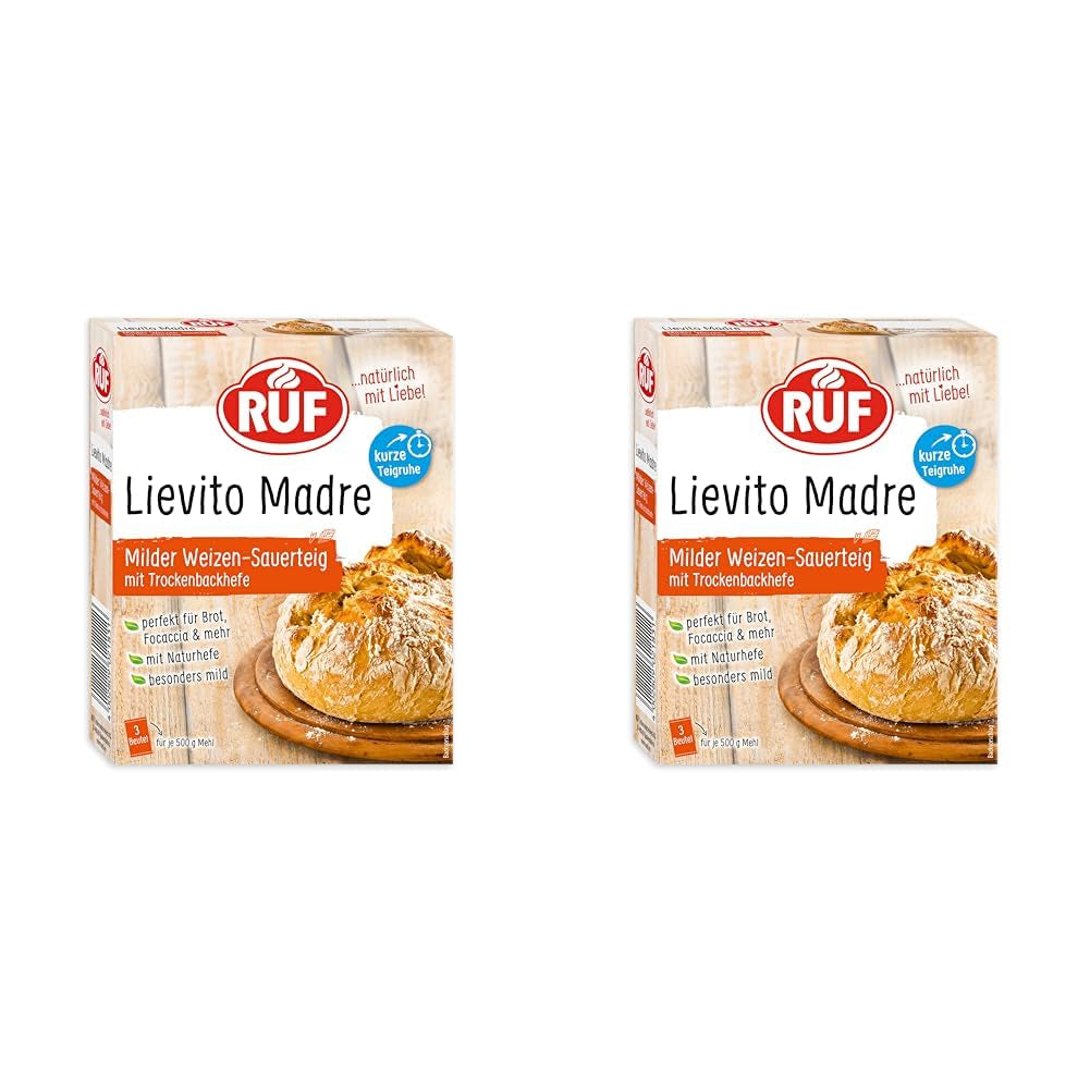 RUF Lievito Madre Sauerteig, Milder Weizen-Sauerteig, Mutterteig, Kurze Teigruhe Durch Enthaltene Trockenhefe, Lievito Madre Getrocknet Für Brot, Baguette, Focaccia, 3X35G Mieszanka do pieczenia i gotowania Naty Shop 35 G (opakowanie 6Er) Kurze Teigruhe
