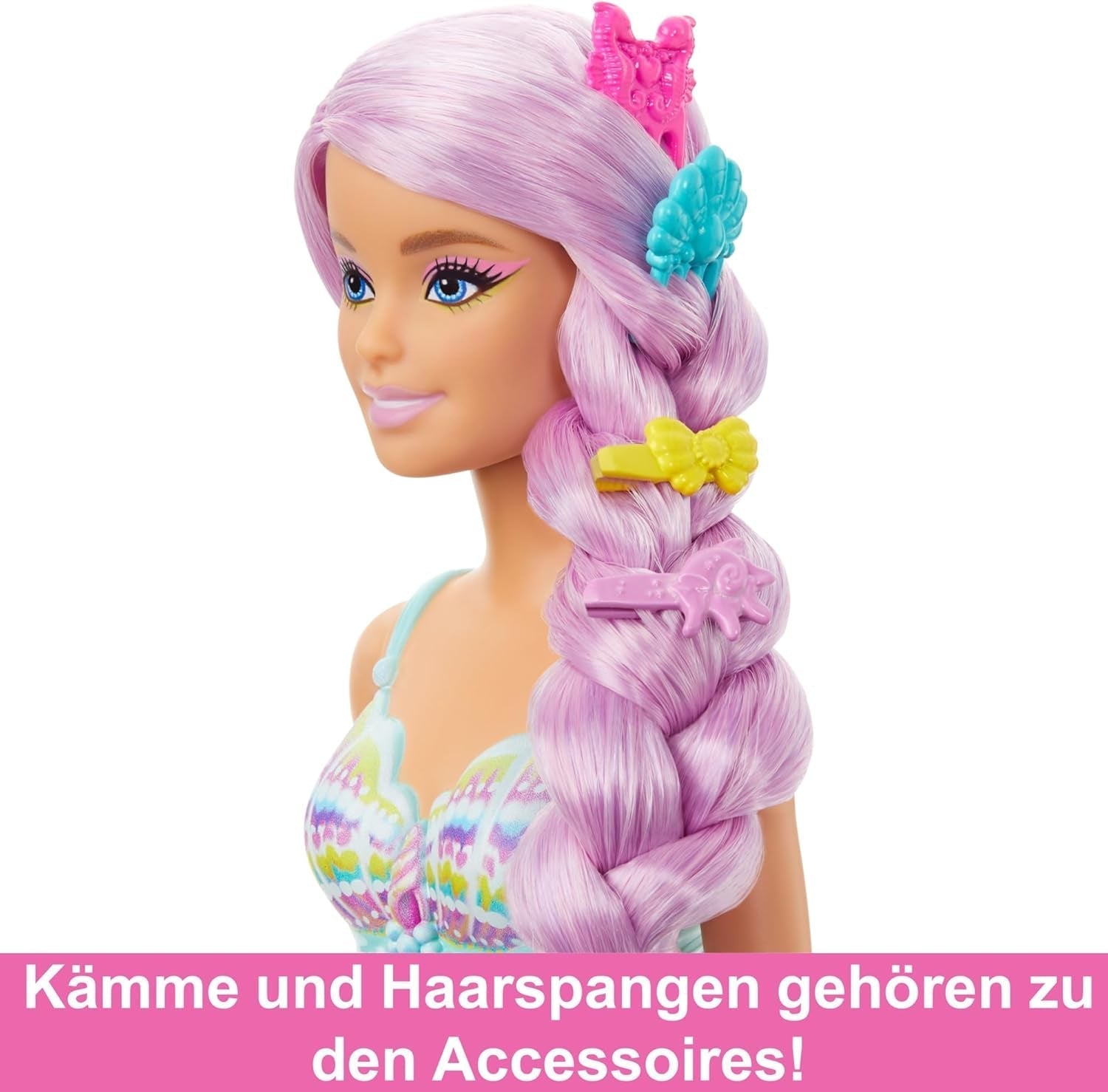 Lalka Barbie Syrenka – z długimi różowymi włosami i niestandardowymi akcesoriami do stylizacji, w tym szczotką, ładną muszlą i różowymi płetwami, dla dzieci w wieku od 3 lat, lalki HRR00 Naty Shop