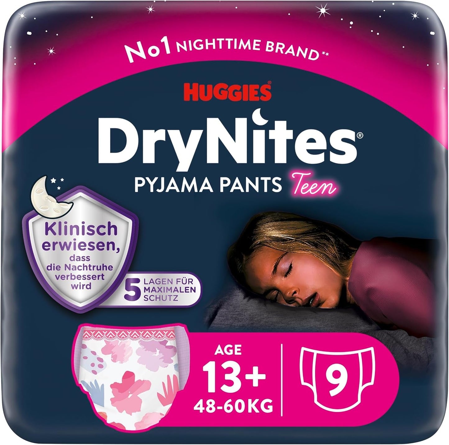 Huggies DryNites Pieluchy na noc dla dziewczynek 13–około 17 lat (48–60 kg) 27 sztuk (3x9) Paczka miesięczna Pieluszki majtkowe
