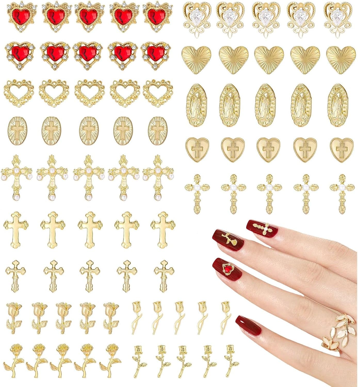 Złote zawieszki do paznokci 80 szt. Krzyżowe serce z różą Dziewica Maryja Klejnoty do paznokci Stop metali Akcesoria do paznokci do Manicure Projektowanie Dekoracje DIY Rzemiosło