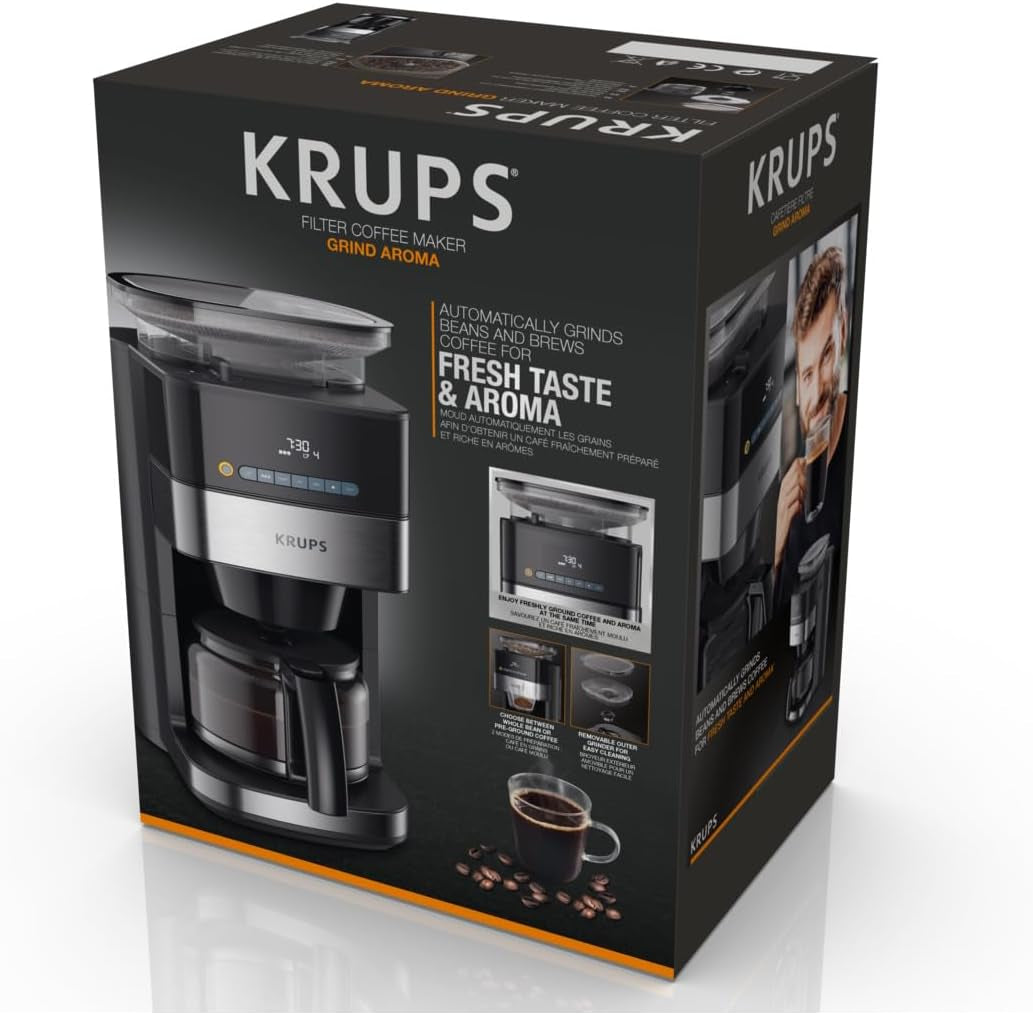 Ekspres do kawy Krups KM8328 Mielić za pomocą młynka | Timer 24-godzinny | Pojemnik na ziarno 180 g | Pojemność 1,25 l na aż 15 filiżanek kawy | Funkcja automatycznego wyłączania | 3 ustawienia mielenia | Czarny