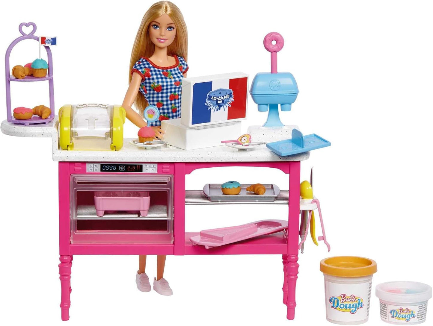 Lalka Barbie Malibu Roberts i 18-częściowy zestaw do pieczenia, w tym ciasto do zabawy i pączki, foremki na rogaliki i muffiny, dla dzieci w wieku od 3 lat i starszych, HJY19