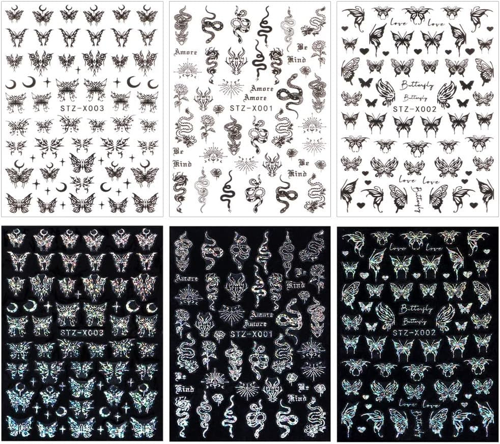 6 Blatt Schmetterling Nagelsticker Selbstklebend Laser Silber Schmetterlings Nagelaufkleber 3D Aurora Silber Schwarz Schmetterlinge Nagel Naklejki Frühling Nageldesign Naklejka na paznokcie Nail Art Zubehör