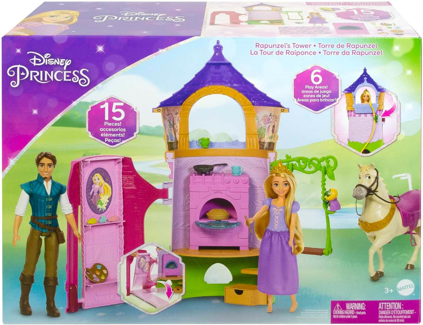 Disney Princess HMV99 - ruchoma lalka Roszpunka i wieża do zabawy z zabawą dookoła, 6 obszarów do zabawy i 15 akcesoriów, inspirowane filmem Disneya, zabawki dla lalek 3-letnich Naty Shop Dolls