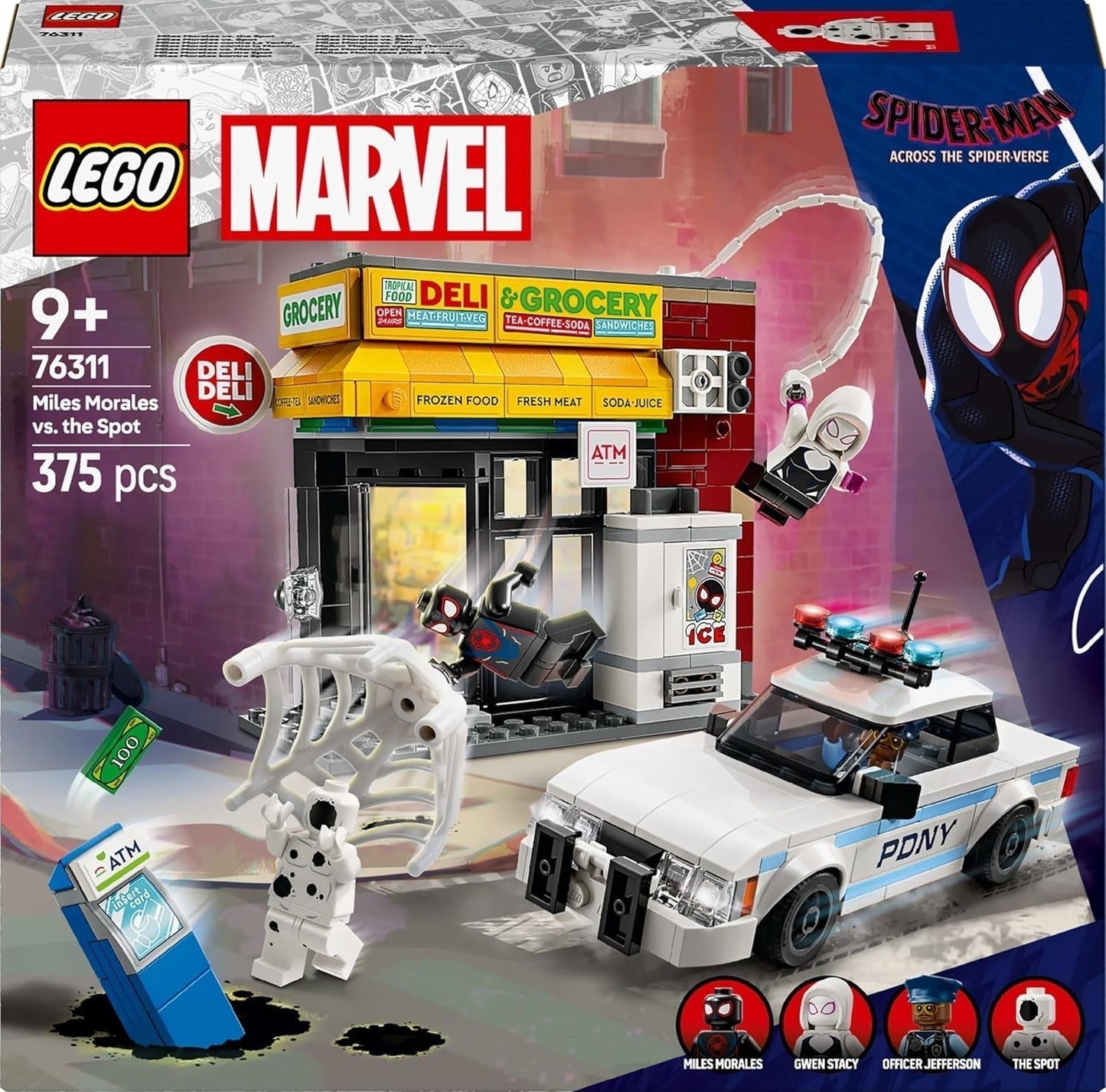LEGO Marvel Spider-Verse: Miles Morales kontra. Spot — zestaw superbohaterów z samochodzikiem — 4 minifigurki i minimarket — prezent dla chłopców i dziewcząt w wieku od 9 lat 76311 Zestawy do budowania Besuche den LEGO-Store