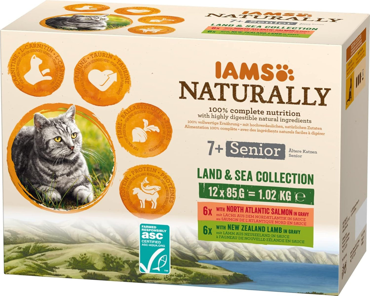 IAMS Naturally Senior Mokra karma w sosie - Wysokiej jakości mokra karma mięsno-rybna dla starszych kotów, Land & Sea Collection, 12 x 85g