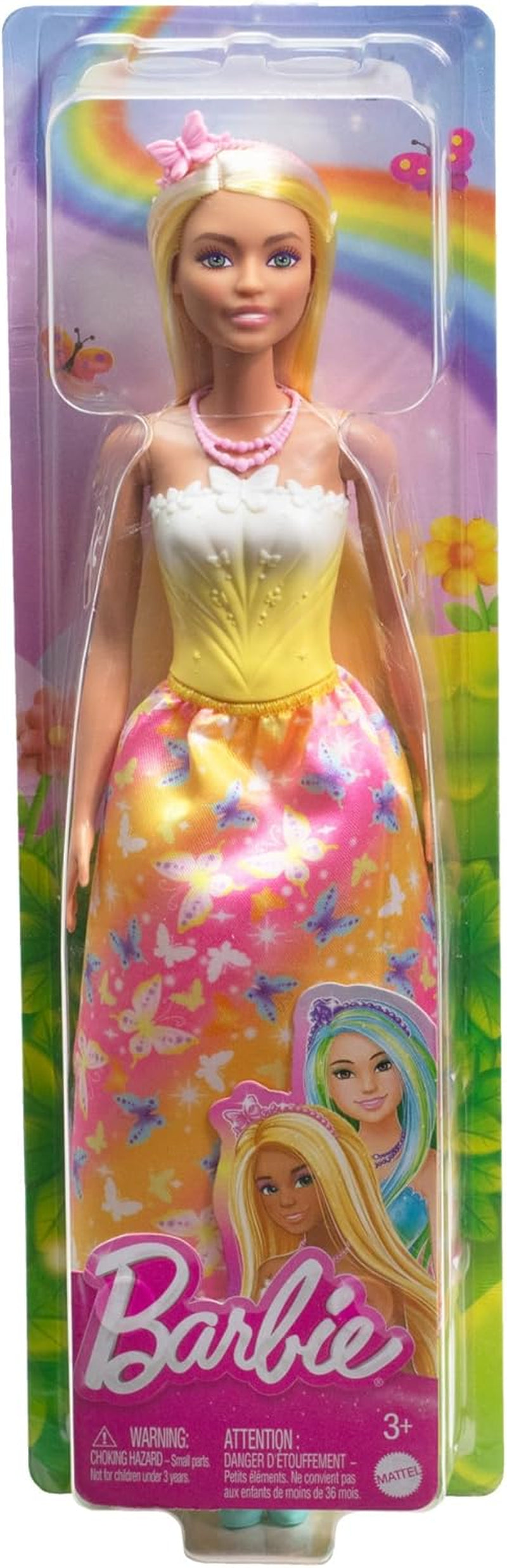 Królewska lalka Barbie z fantazyjnymi włosami i kolorowymi pasmami, kolorowymi dodatkami, gradientowym żółtym topem i spódniczką w kształcie motyla, lalki HRR09 Naty Shop
