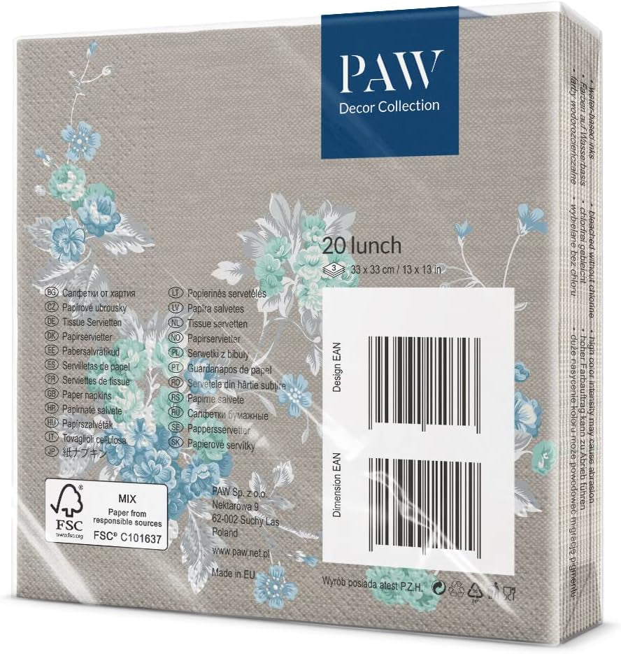 PAW - Serwetki 3-warstwowe (33 x 33 cm) I 20 sztuk I Idealne na urodziny, przyjęcia, wesela, komunie i święta I Kolorowe serwetki papierowe - Eleganckie Kwiaty I Kolor: Spokojny Ogród