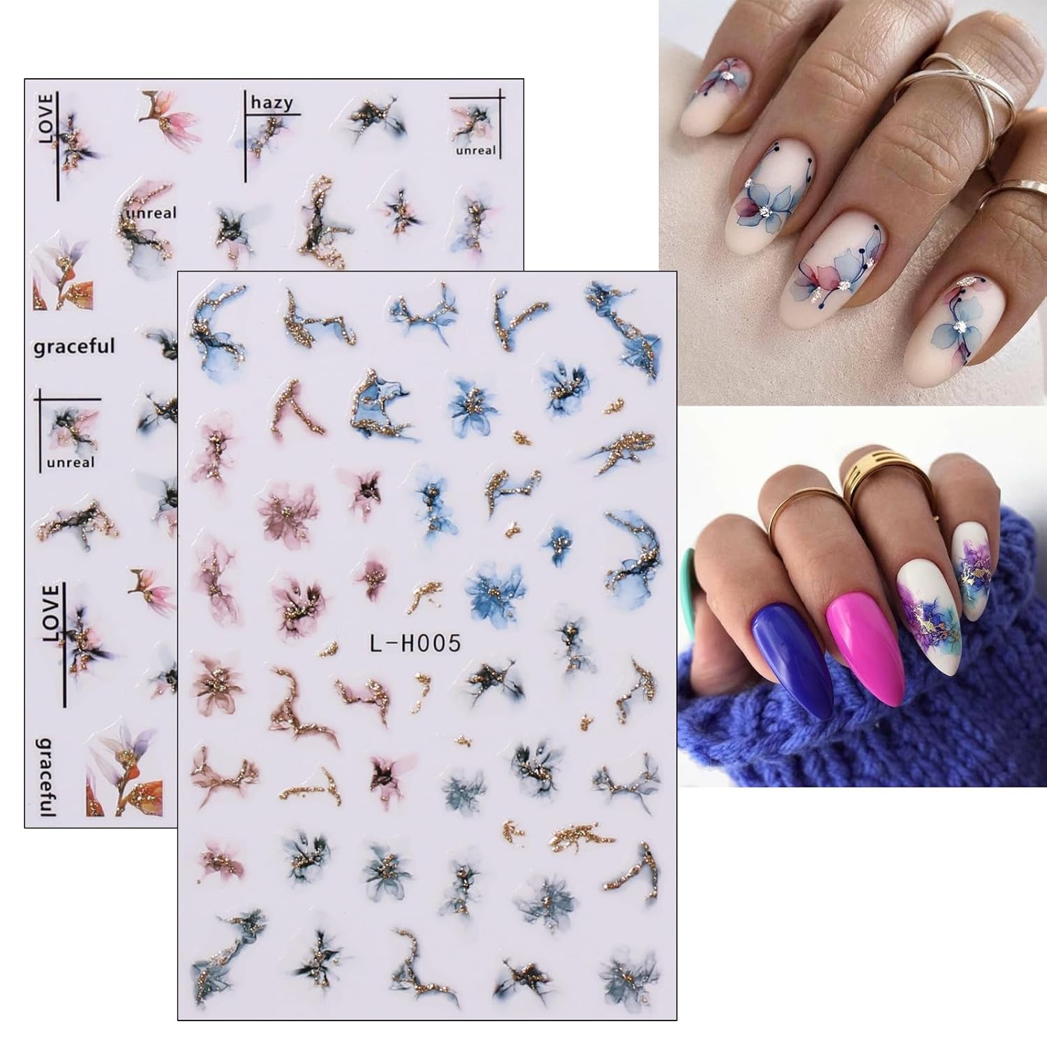 Jmeowio JMEOWIO Nagelsticker Marmor Französische Spitze 10 Blatt Nail Art Naklejka Selbstklebend Nagelaufkleber Bunt Dekoration Nageldesign Zubehör