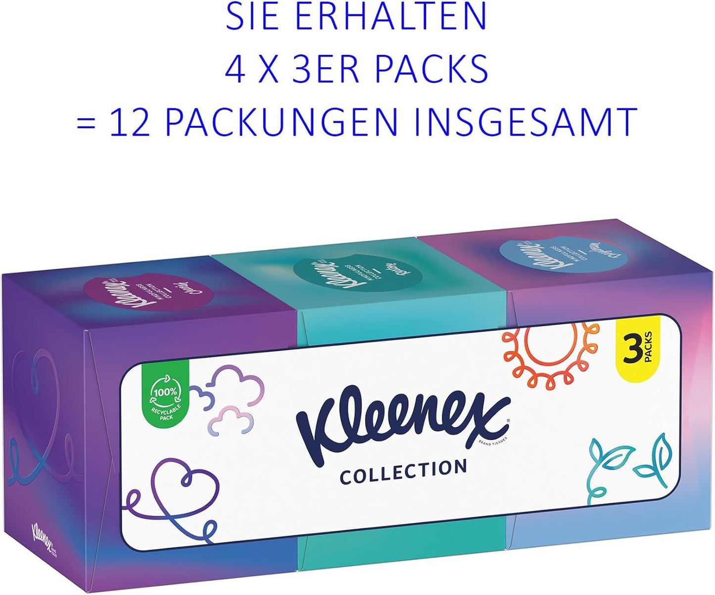 Pudełka na chusteczki kosmetyczne Kleenex, codziennego użytku, 3 warstwy, kostka do zbierania, 12 x 48 chusteczek