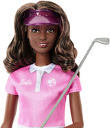 Barbie – brunetka – lalka golfistka w odpinanej różowej sukience polo, strój golfowy, czapka i akcesoria do klubu golfowego, JCR69