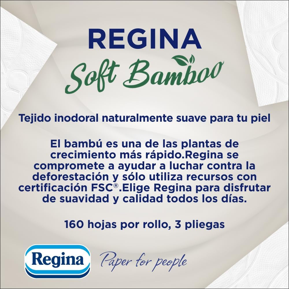Papier Toaletowy Regina Soft Bamboo, 40 Rolek, 3 Warstwy, 160 Arkuszy, Naturalna Miękkość dla Twojej Skóry, Papier Toaletowy z Włókna Bambusowego, Opakowania Papierowe, Certyfikat Fsc