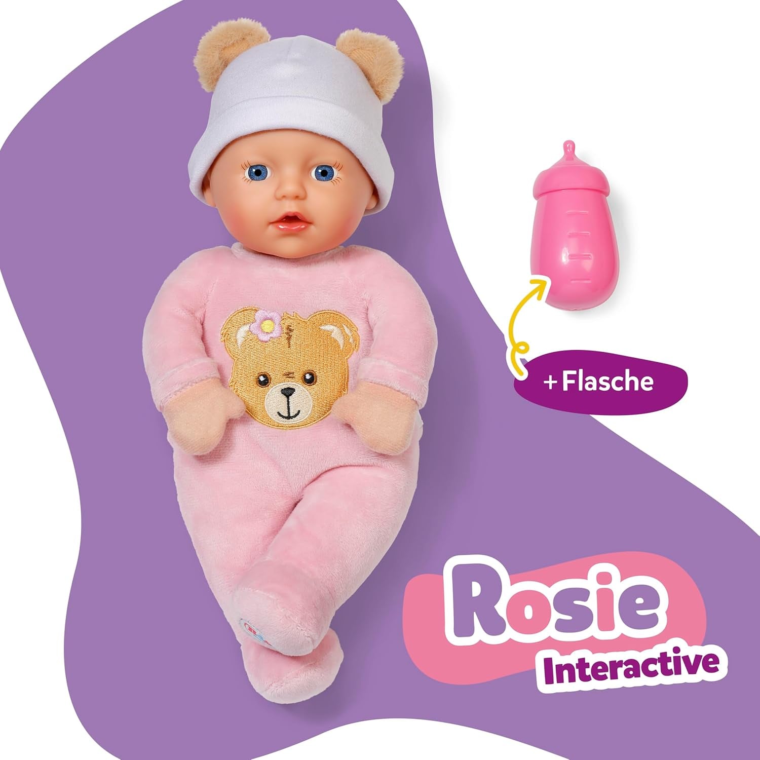 Baby Born Rosie miękka lalka 30 cm z 6 dźwiękami i butelką, różowa