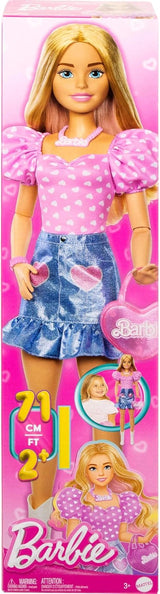 Modna lalka Barbie 71cm blond z odpinanymi ubraniami różowy top spódnica dżinsowa kowbojskie buty naszyjnik i torebka HYT84