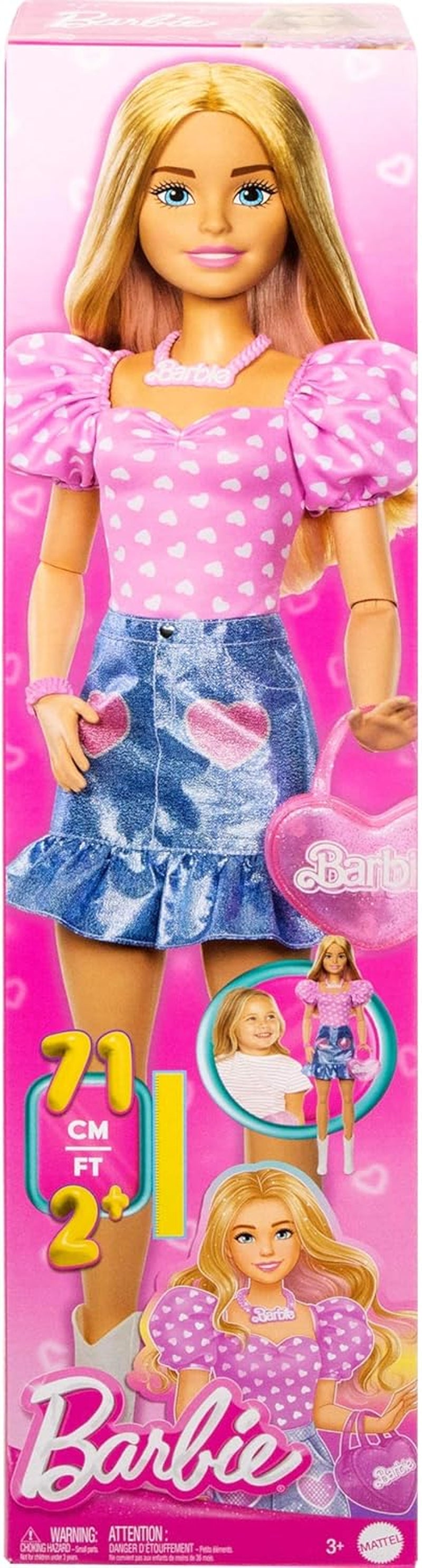 Modna lalka Barbie 71cm blond z odpinanymi ubraniami różowy top spódnica dżinsowa kowbojskie buty naszyjnik i torebka HYT84