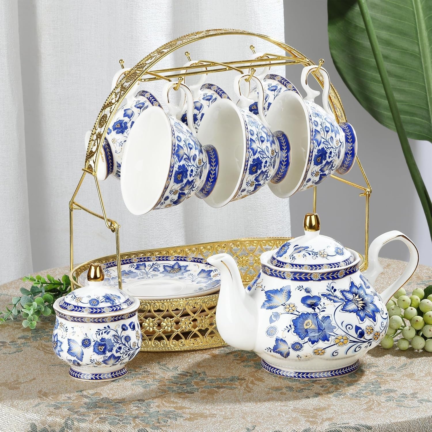 Fanquare Porcelanowy zestaw do herbaty w kształcie niebieskiego kwiatu z metalowym stojakiem Vintage porcelanowa filiżanka do kawy ze spodkiem Angielski zestaw do kawy dla dorosłych
