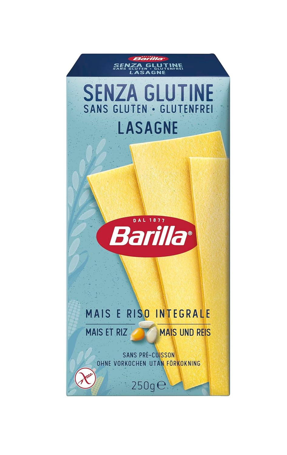 Barilla Pasta Bezglutenowa lasagne, przygotowana z pysznej kukurydzy i ryżu, idealna dla osób z celiakią lub nietolerancją glutenu, opakowanie 10 sztuk (10 x 250g)