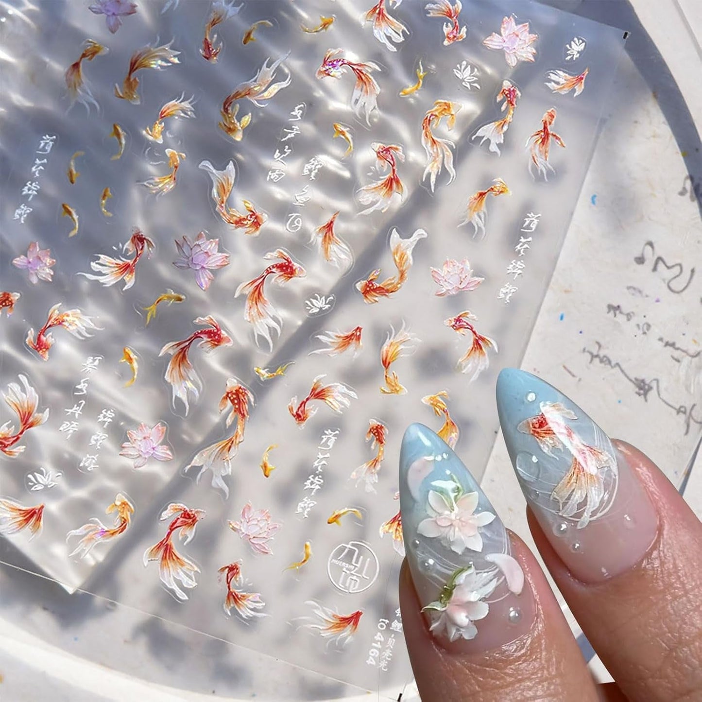 JMEOWIO 3D Nagelsticker Koi Fisch Nail Art Naklejka Selbstklebend Nagelaufkleber 5D Stereoskopisch Dekoration Nageldesign Zubehör 1 Blatt