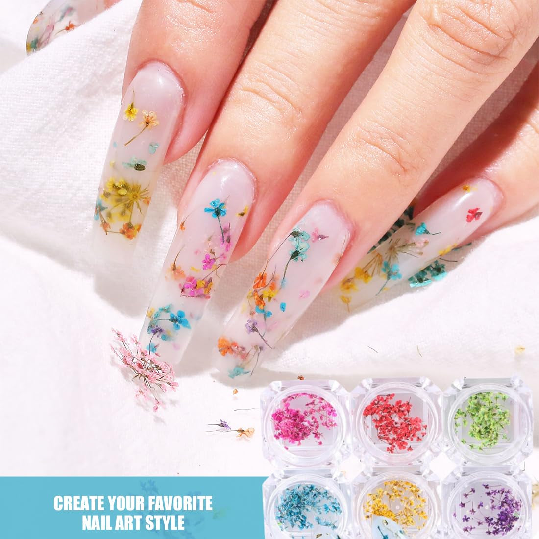 EYVRPAU 6 Stück Nail Art Zestaw kwiatów Dekoracja, Gelnägel Zubehör 6 Farben, Nail Art Aufkleber Trockene Blumen Kit Getrocknete Blumen Zubehör Zestaw DIY Nageldekoration