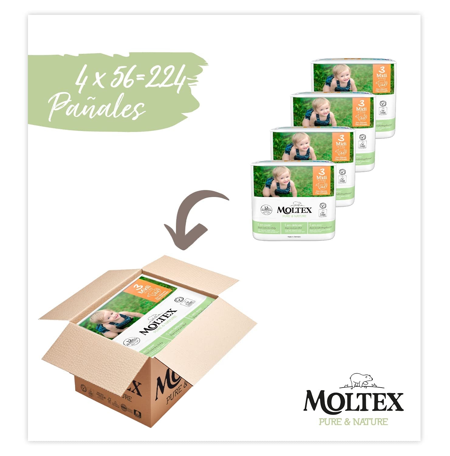 Pieluchy rozmiar 3 (4-10 kg), 224 pieluszki (4 worki po 56 sztuk)