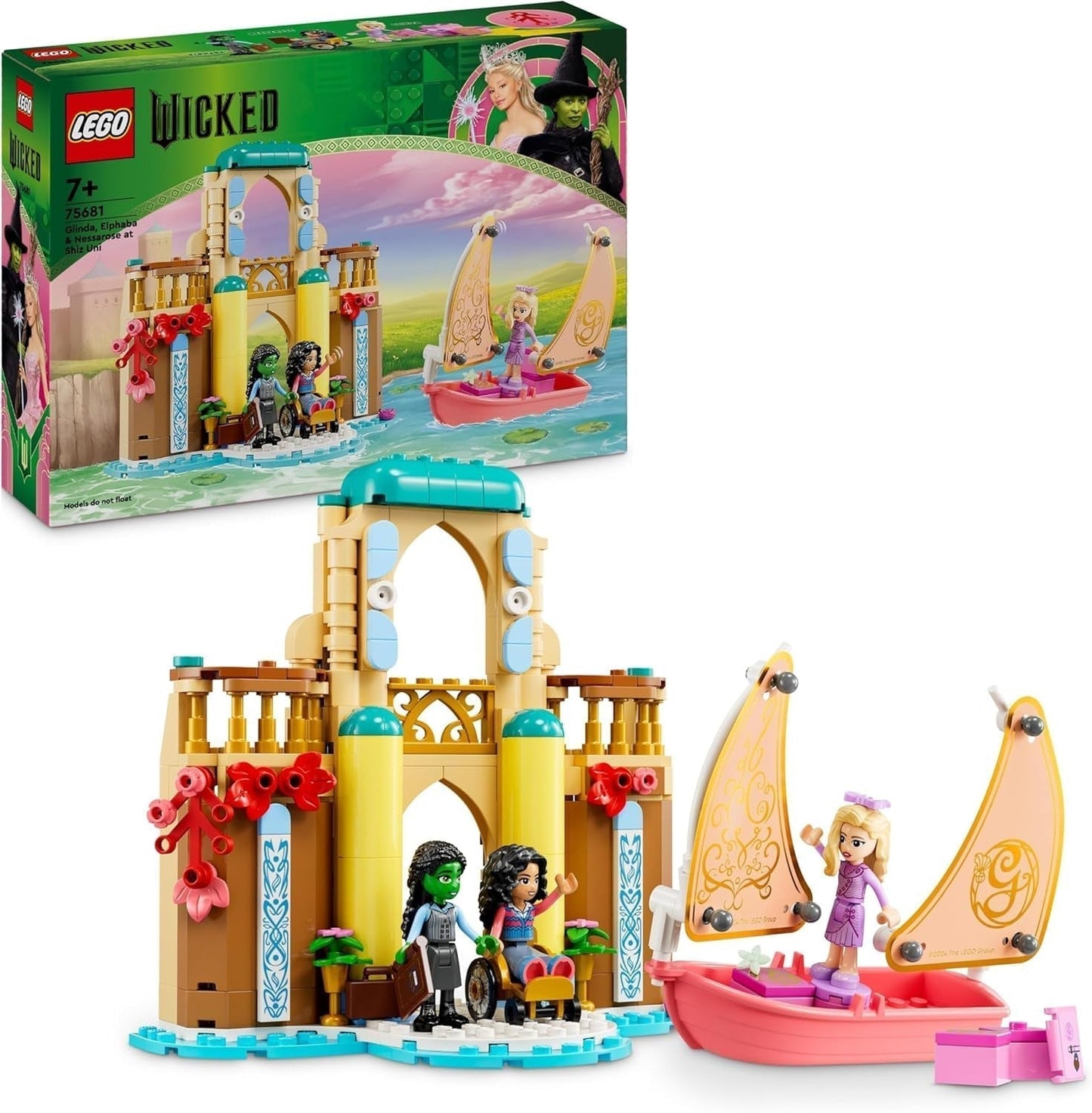 LEGO Wicked Glinda, Elfaba i Nessarose na żaglówce Uniwersytetu Shiz i 3 figurki Zabawkowa łódka Prezent dla dziewcząt i chłopców Miłośnicy domków dla lalek w wieku 75681 Zestawy do budowania Besuche den LEGO-Store Default Title