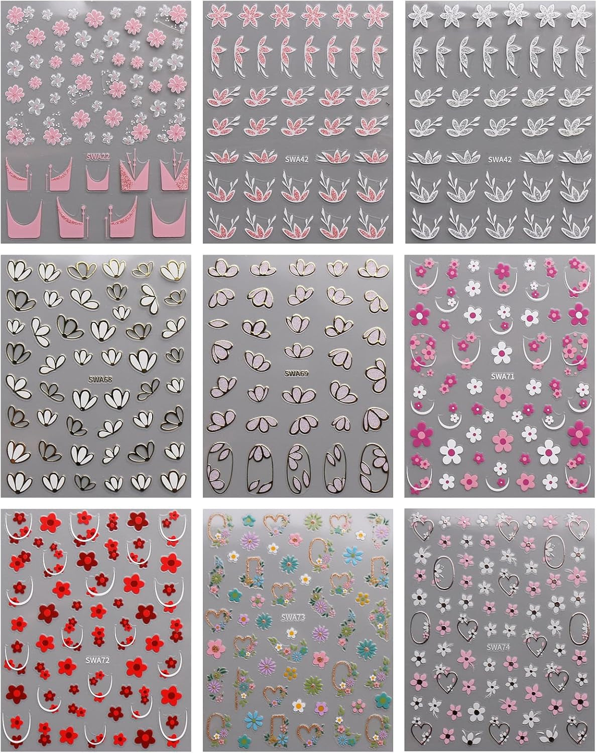 JMEOWIO Nagelsticker Blume 9 Blatt Nail Art Naklejka Selbstklebend Nagelaufkleber Frühling Letnia dekoracja kwiatowa Nageldesign Zubehör