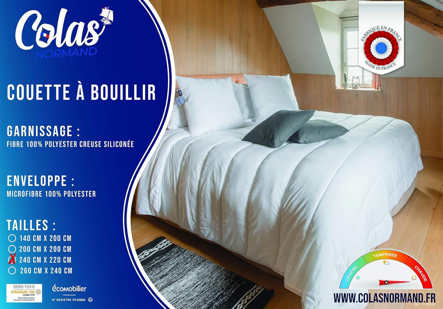 COLAS NORMAND Ciepła kołdra, można prać w 95°C, 240 X 220 cm, trwała, mikrofibra, miękka, jedwabista i wygodna, wyprodukowana we Francji, biała Kołdry i kołdry Naty Shop