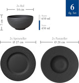 Zestaw startowy Villeroy & Boch Manufacture Rock, 6 elementów, czarny, można myć w zmywarce, można używać w kuchence mikrofalowej, czarny matowy zestaw naczyń obiadowych, zastawa stołowa, sztućce, porcelana Premium