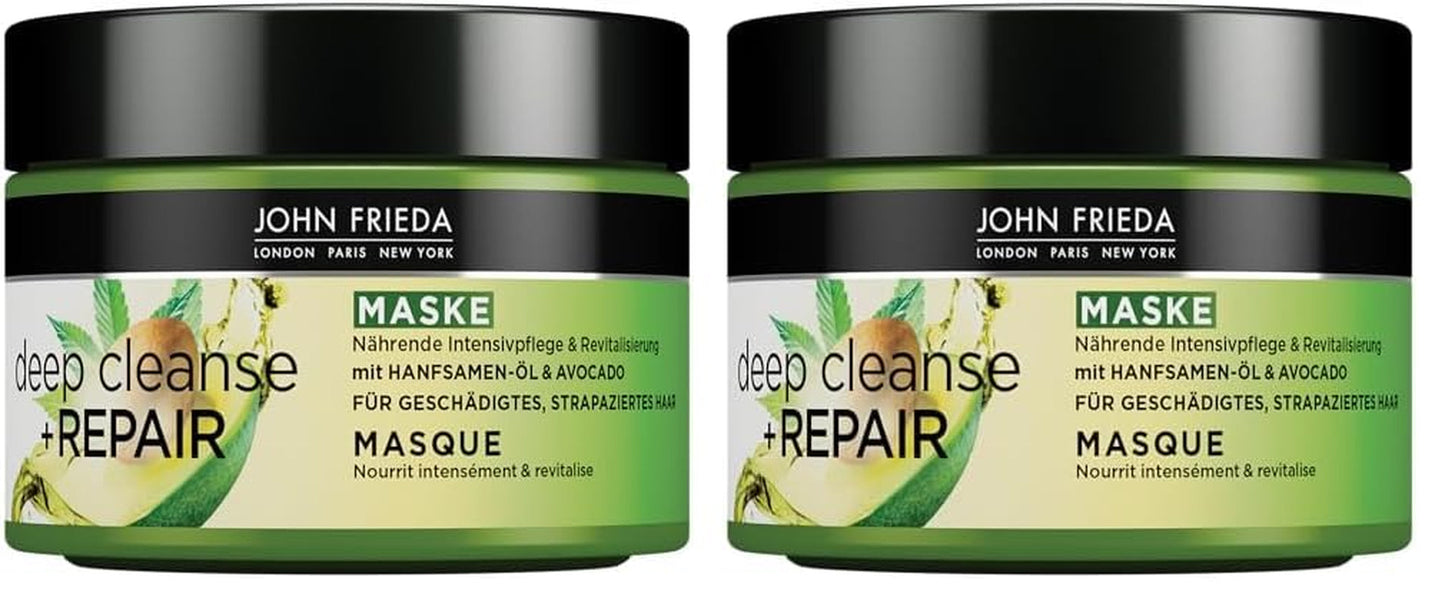John Frieda - Deep Cleanse & Repair Mask / Kuracja - Zawartość: 250 ml - Z olejem z nasion konopi + odżywczym awokado - Kojąca maska do włosów zniszczonych Naty Shop maska do włosów 250 ml (opakowanie 2 szt.)