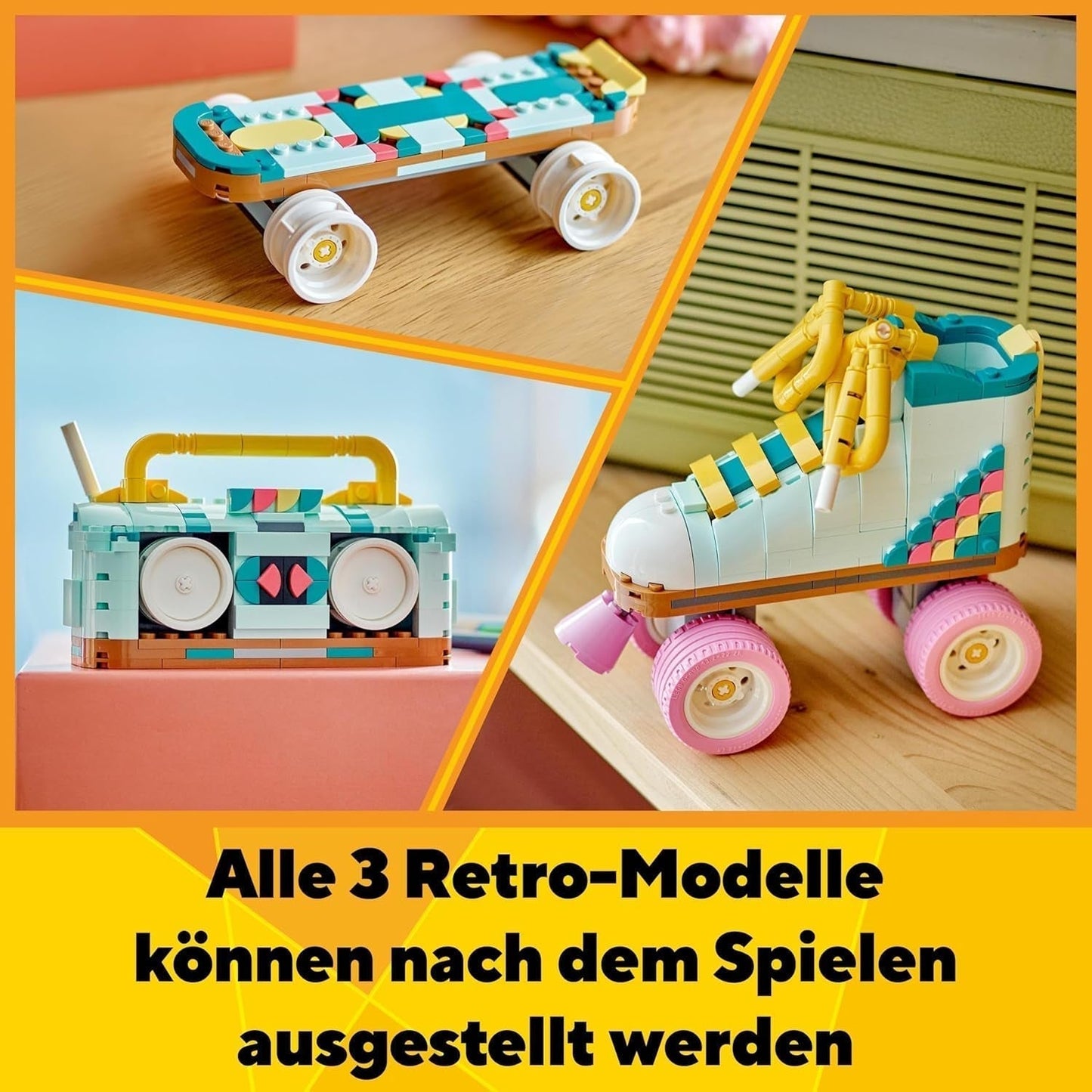 LEGO Creator Zabawka na rolkach 3 w 1 dla dziewcząt i chłopców z mini deskorolką i boomboxem, dekoracja sypialni w stylu retro, prezent urodzinowy dla 8-latka 31148 Zestawy do budowania Besuche w sklepie LEGO