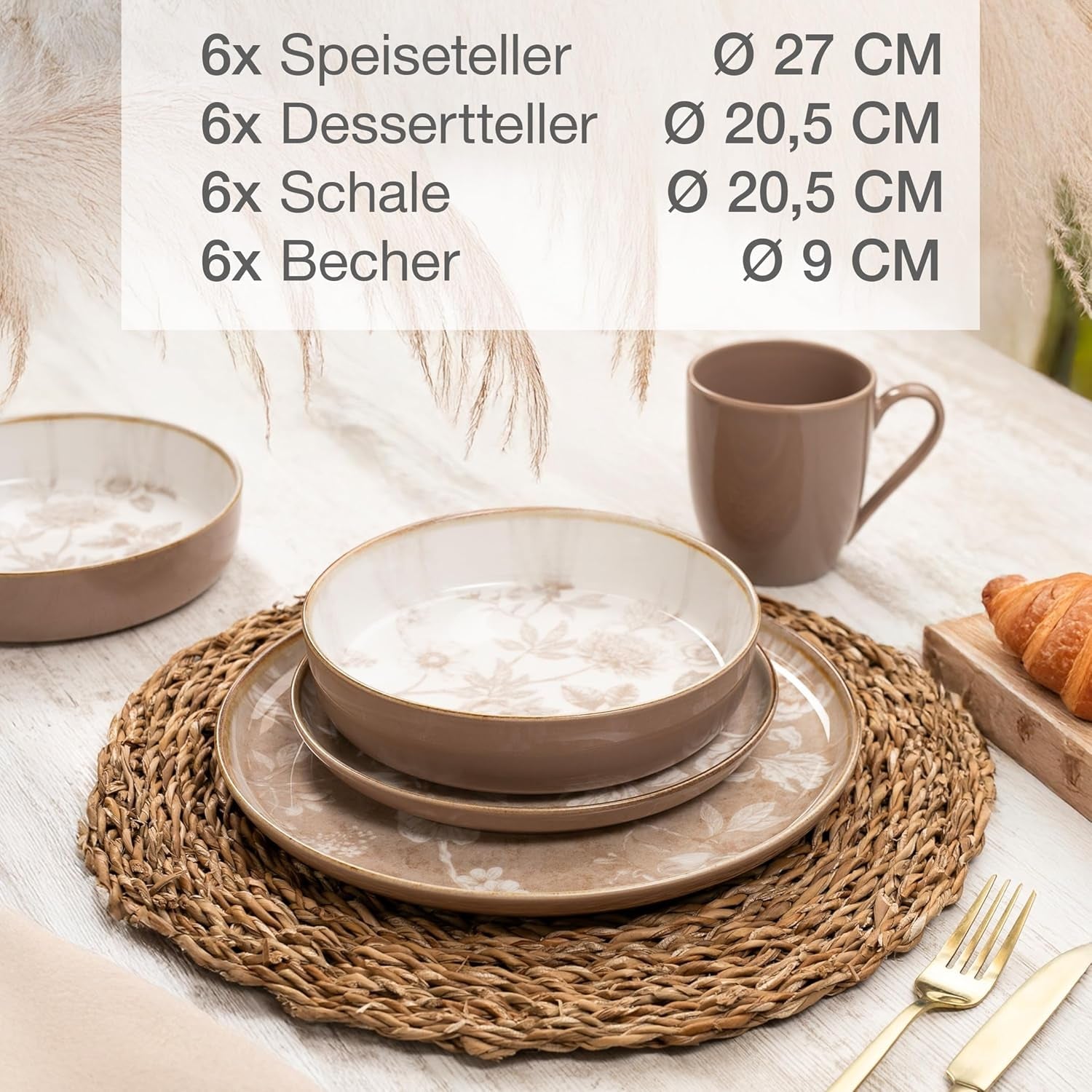 Moritz & Moritz MARIELLA 6-osobowy 24-częściowy zestaw obiadowy z kamionki - Nowoczesna beżowa zastawa stołowa o zabawnym designie, łatwy w pielęgnacji serwis kawowy z talerzami, miskami i filiżankami - Zestaw kombinowany