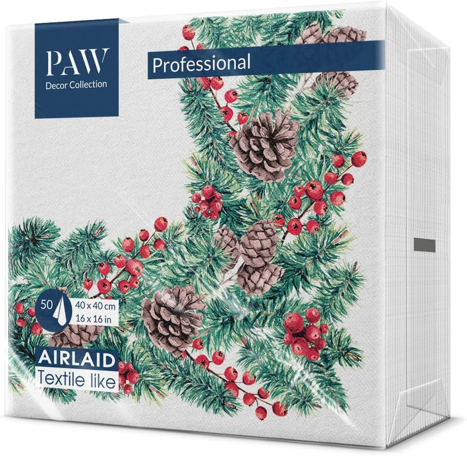 PAW - Serwetki Airlaid (40 x 40 cm) I 50 sztuk I Idealne na Boże Narodzenie, zimę, święta I Dekoracje stołu wigilijnego I Serwetki Airlaid Gałązki zimowe I Gałęzie zimowe