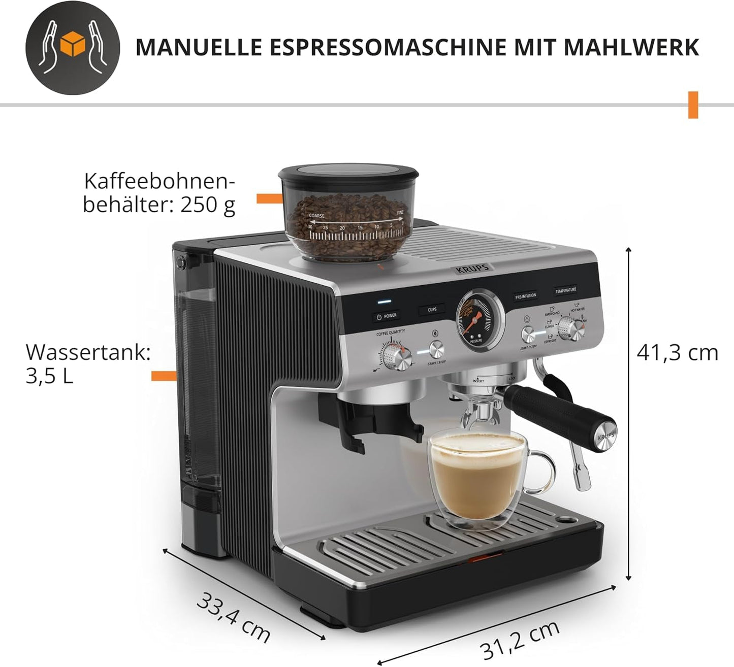 Ekspres ręczny Krups Precision z kolbą i młynkiem, ekspres barista z intuicyjnym panelem sterowania, ustawieniami wstępnego zaparzania, ekspres z dyszą parową, szybkie nagrzewanie, XP801T10