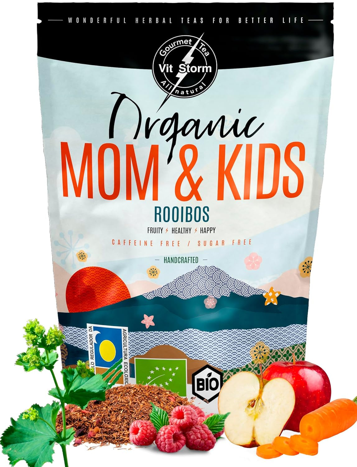 VITSTORM® BIO TEE Mom & Kids - Herbata dla kobiet i karmiących piersią - Rooibos, jabłko, koper włoski, melisa, alchemilla, truskawka - Herbata relaksująca - Owocowa i pyszna - Bez kofeiny - Herbata ziołowa 100 g