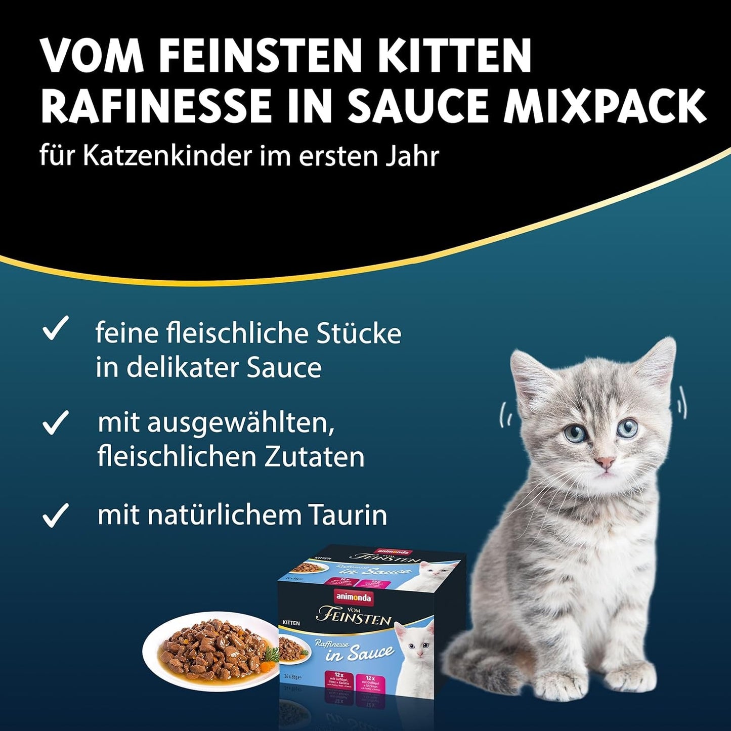 animonda vom Feinsten Premium Kitten Mokra karma dla kotów, Wyrafinowane aromaty w sosie, 24 saszetki (24 x 85g), Wysokiej jakości mokra karma dla kotów, bez cukru, Mieszanka mieszana