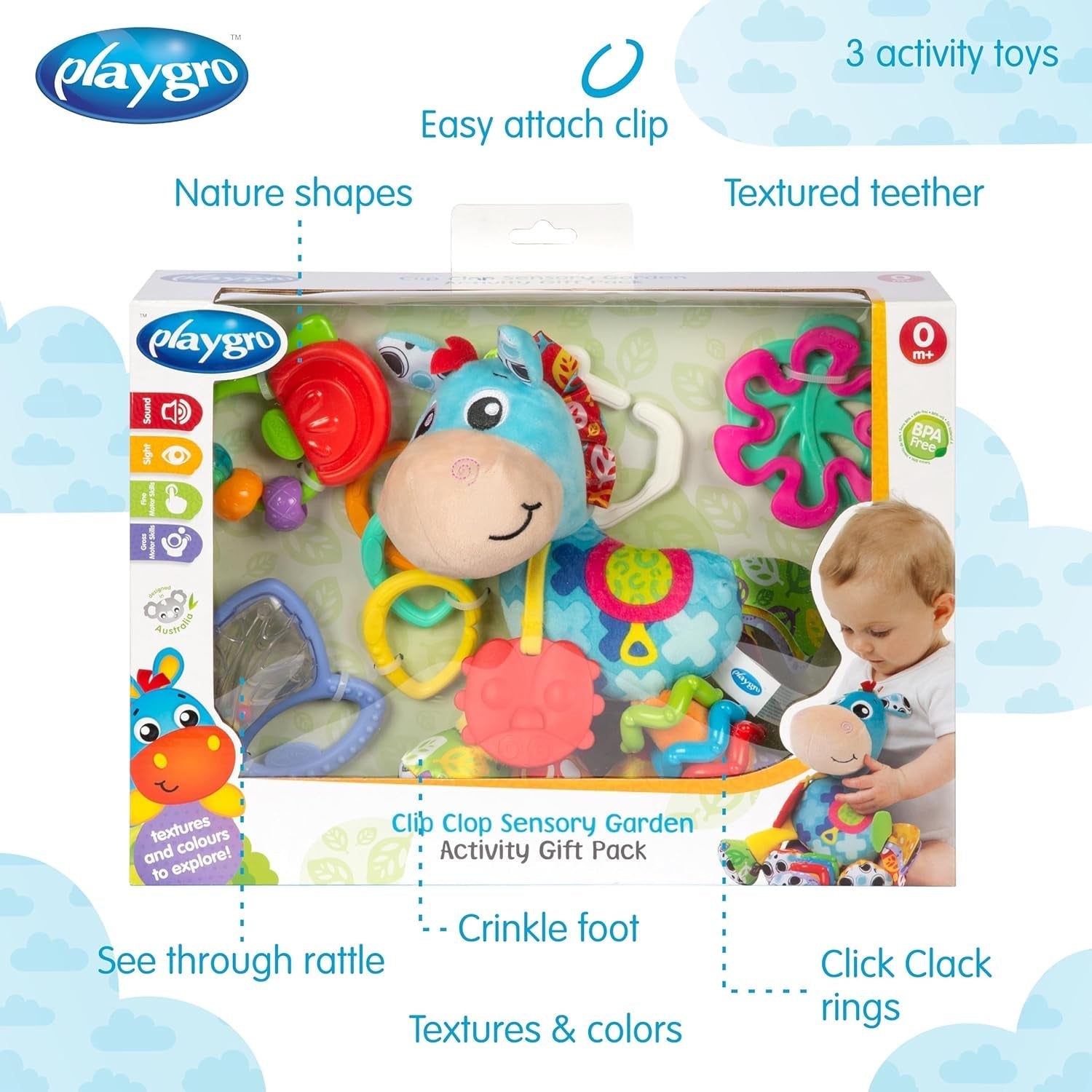 Playgro Clip Clop Zestaw upominkowy Sensory Garden Activity - Sensoryczna zabawka ogrodowa dla dzieci od 0 miesiąca życia - Interaktywna zabawka z grzechotkami, gryzakiem i przyjacielem wózka - 4 sztuki