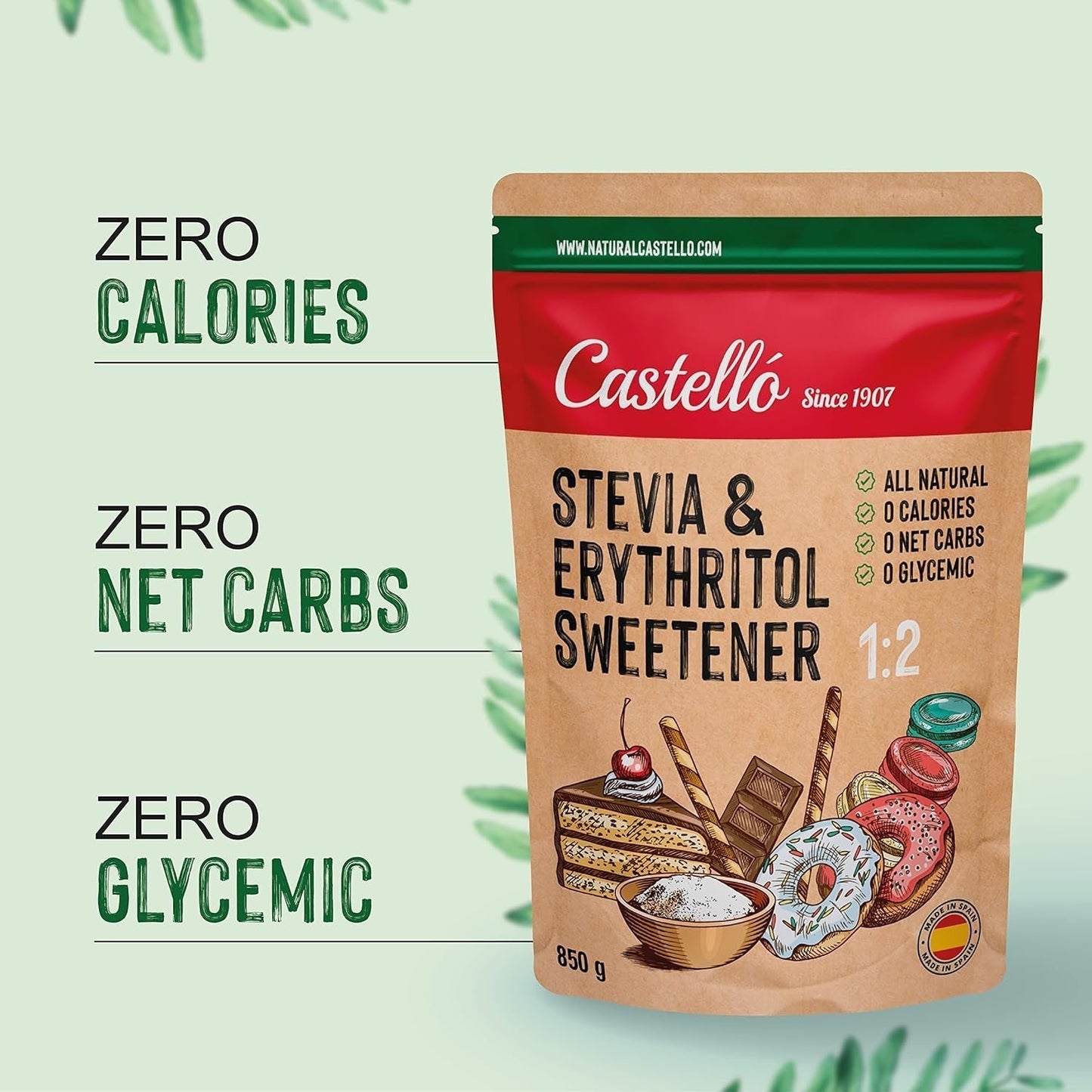 Stewia + Erytrytol 1:2 Süßstoff | 1G = 2G Zucker | 100% Natürlicher Zuckerersatz - 0 Kalorien - 0 Glykämischer Index - Keto Und Paleo - 0 Netto-Kohlenhydrat - Kein GVO - Castello od 1907 - 850 G Słodziki Naty Shop